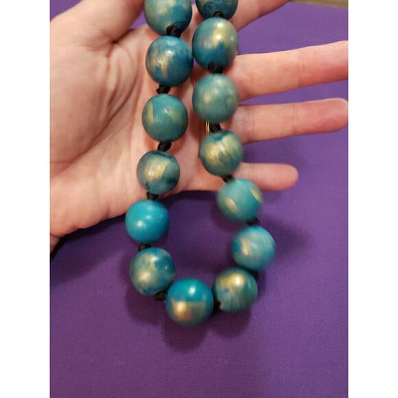 Teal & Gold Colored Large Wooden Beaded Necklace with Black Satin Ribbon - Picture 7 of 10